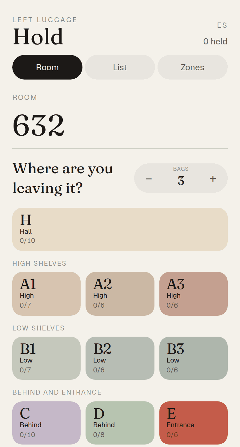 Hold staff screen showing room 632, three bags, and the wall-letter zones.
